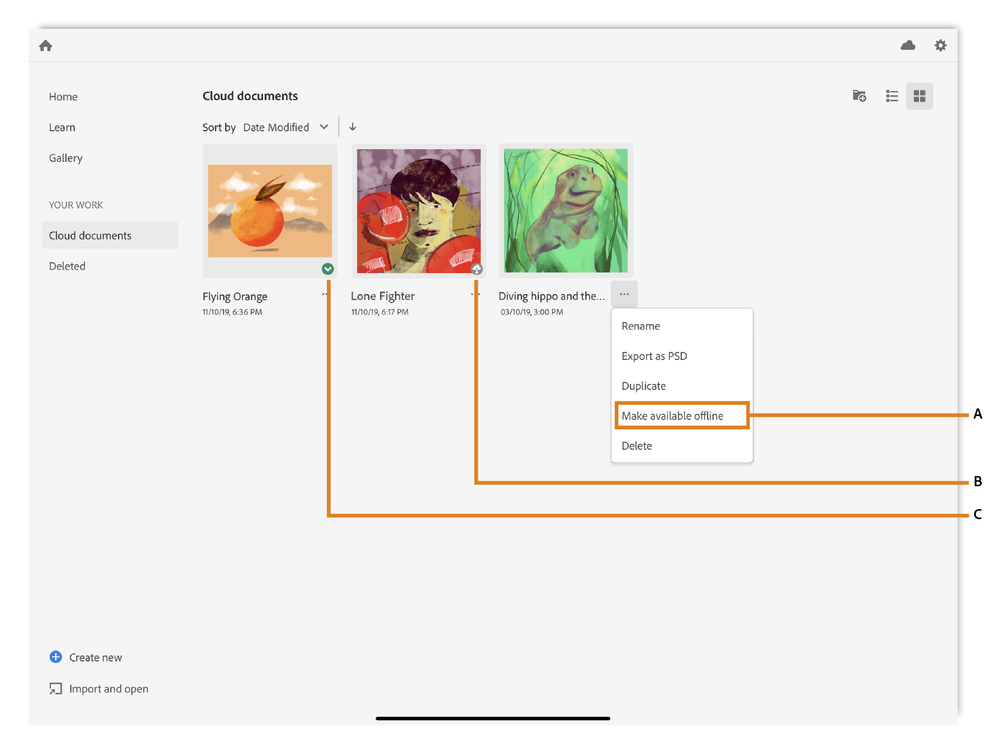 A- Make file available in offline mode   B- Tap to sync to cloud   C- Synced successfully to cloud