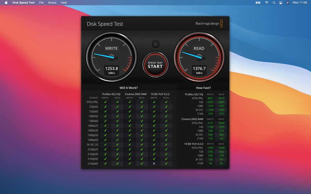 Blackmagic Disk Speed Test showing that 2160p Apple ProRes 422 will play smoothly from the storage media being tested.