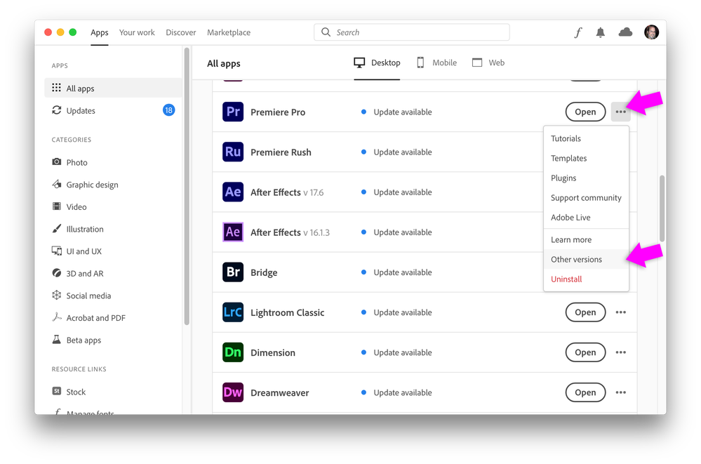 Creative Cloud Desktop - Premiere Pro - Other Versions option