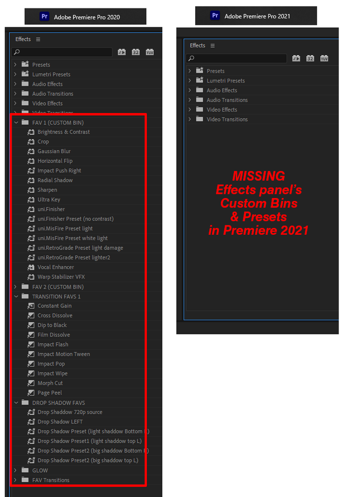 Adobe Premiere 2021 Effects pannel Custom Bins and Effects Presets Missing.png