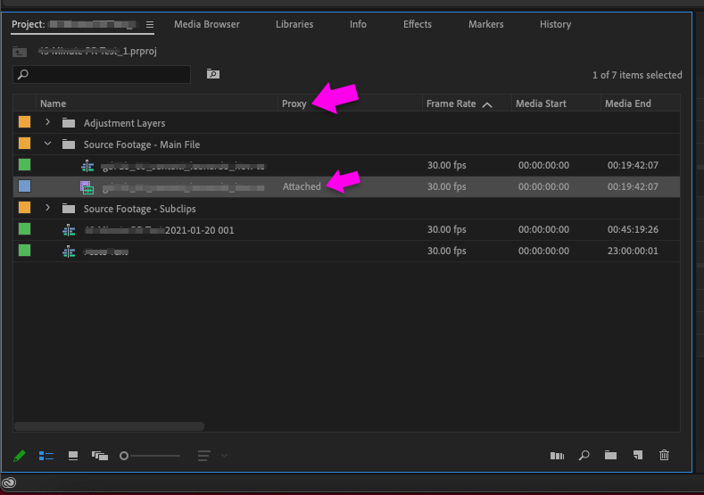Premiere Pro project tab with Proxy column enabled, showing attached proxy.