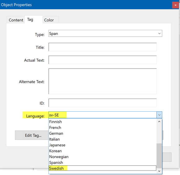 Set the language on the TAG tab.