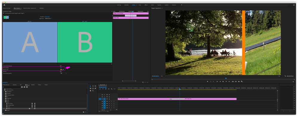 Premiere Pro - Wipe Transition applied with orange border.