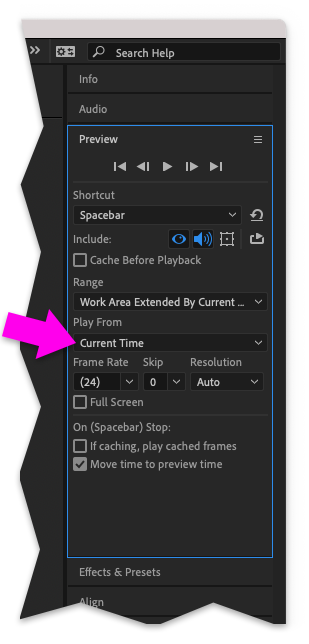 AE Preview set to Play From Current Time.