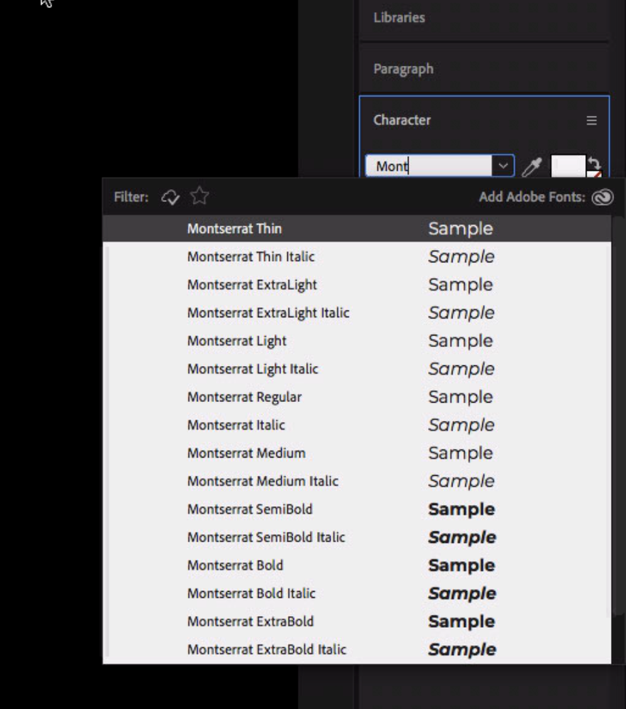 After Effects Character Panel showing all fonts available that start with m-o-n-t.