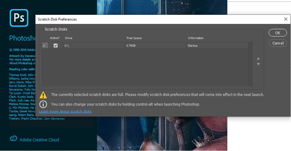 Solved: Photoshop won't open because scratch disks are ful... - Adobe