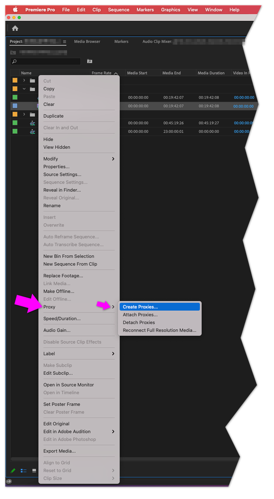 Premiere Pro Project Tab showing a right-click on an imported clip and choosing Proxy then Create Proxies.