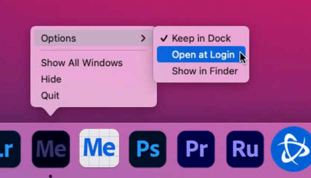 macOS Dock showing that Open at Login is not enabled.