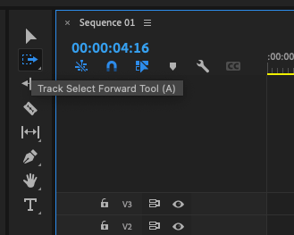 Premiere Pro Tools panel - Track Select Forward Tool (A) selected.