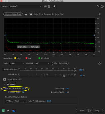 Noise processing screen settings