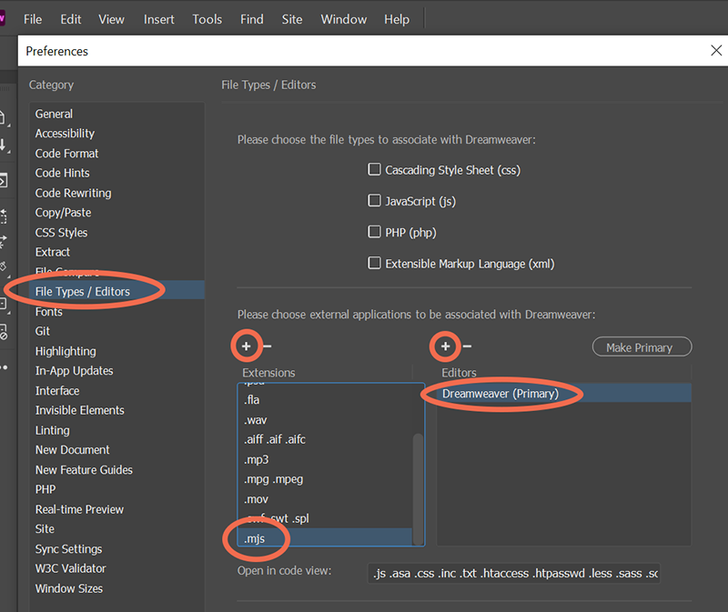 Opening files ending in .MJS with Dreamweaver Adobe Community 12141351