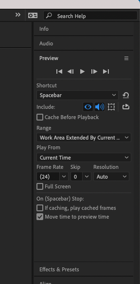 After Effects version 18.2.1 Preview Panel configured to play the Work Area extended by the Current Time when Spacebar is pressed.
