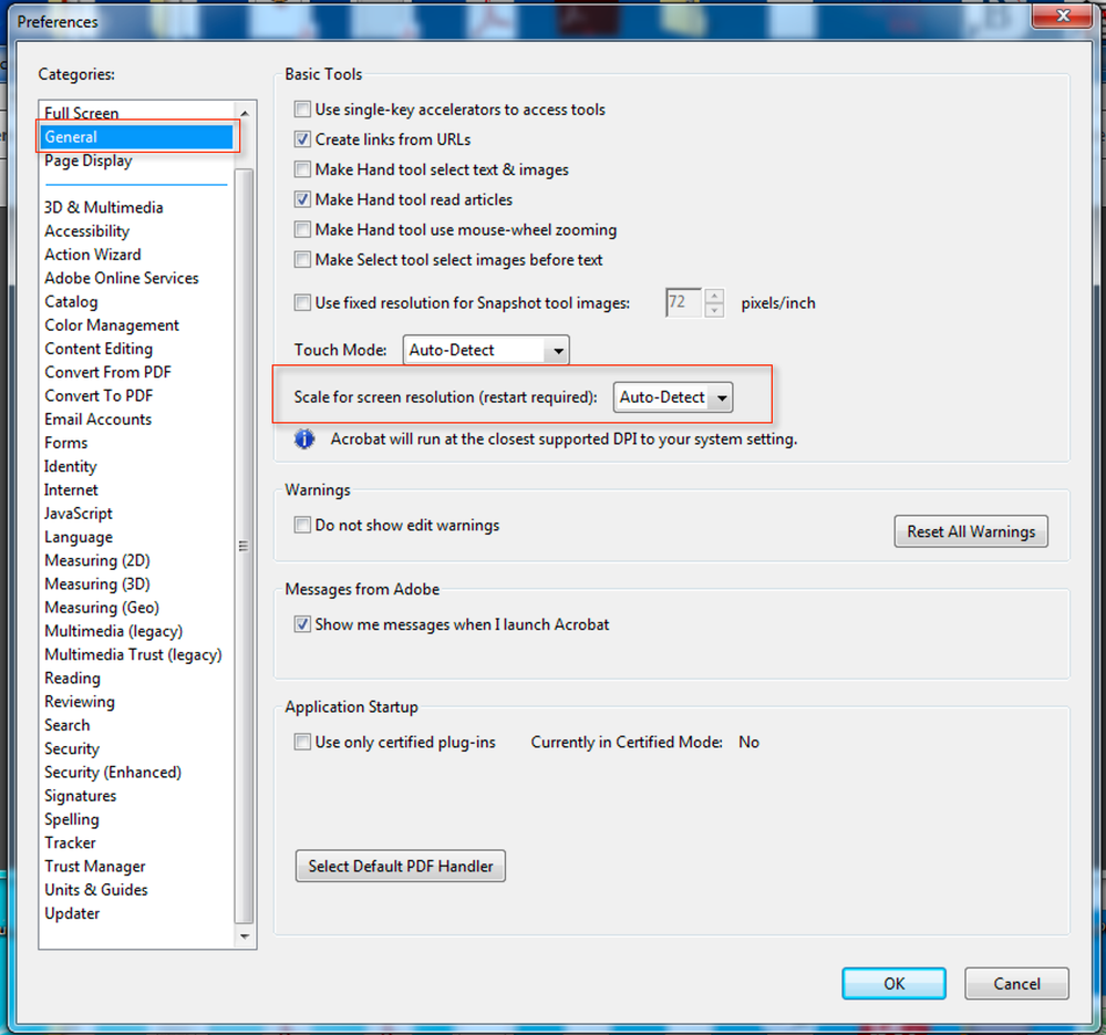 Acrobat XI Pro (11.0.23) Preferences>General Dialog