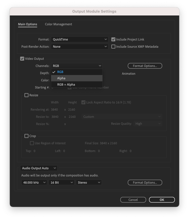 After Effects Output Module dialog box with the Channels pop-up menu under Video Output being changed from RGB to Alpha