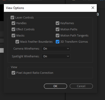 AE Composition View Option with 3D Transform Gizmo selected.