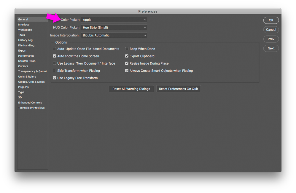 PS Preferences > General > Color Picker set to Apple