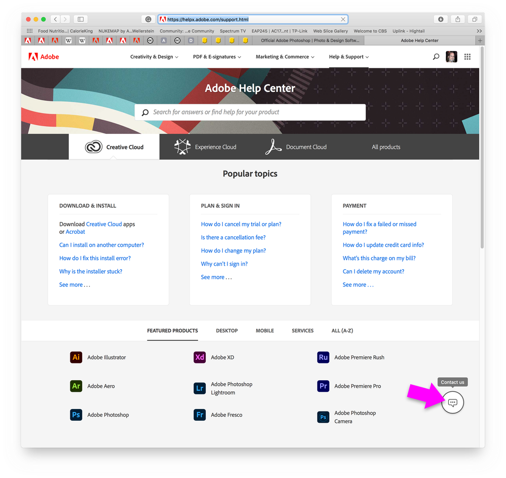 Adobe Help and Support page showing the Contact Us option at the lower right