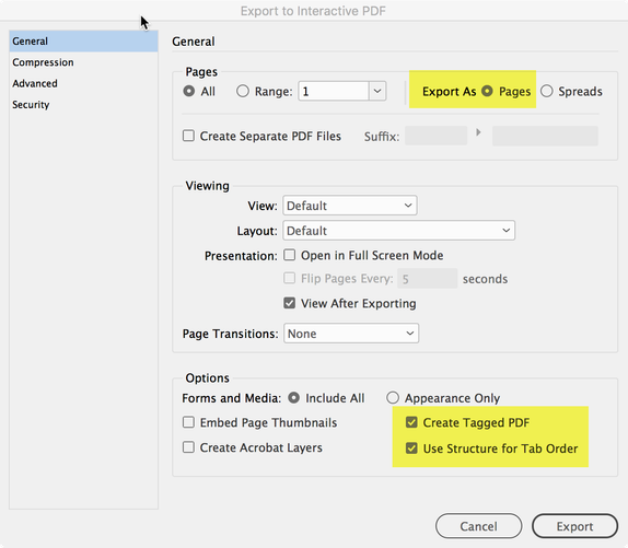 Core settings for an accessible tagged PDF.