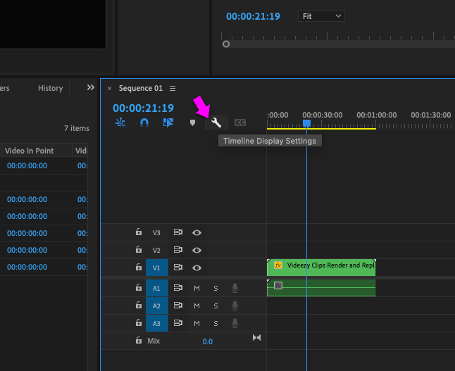 Premiere Pro Timeline Display Settings in the upper left of the Timeline panel