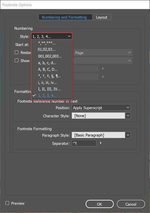 Footnote options are limited and control all footnotes including table footnotes.