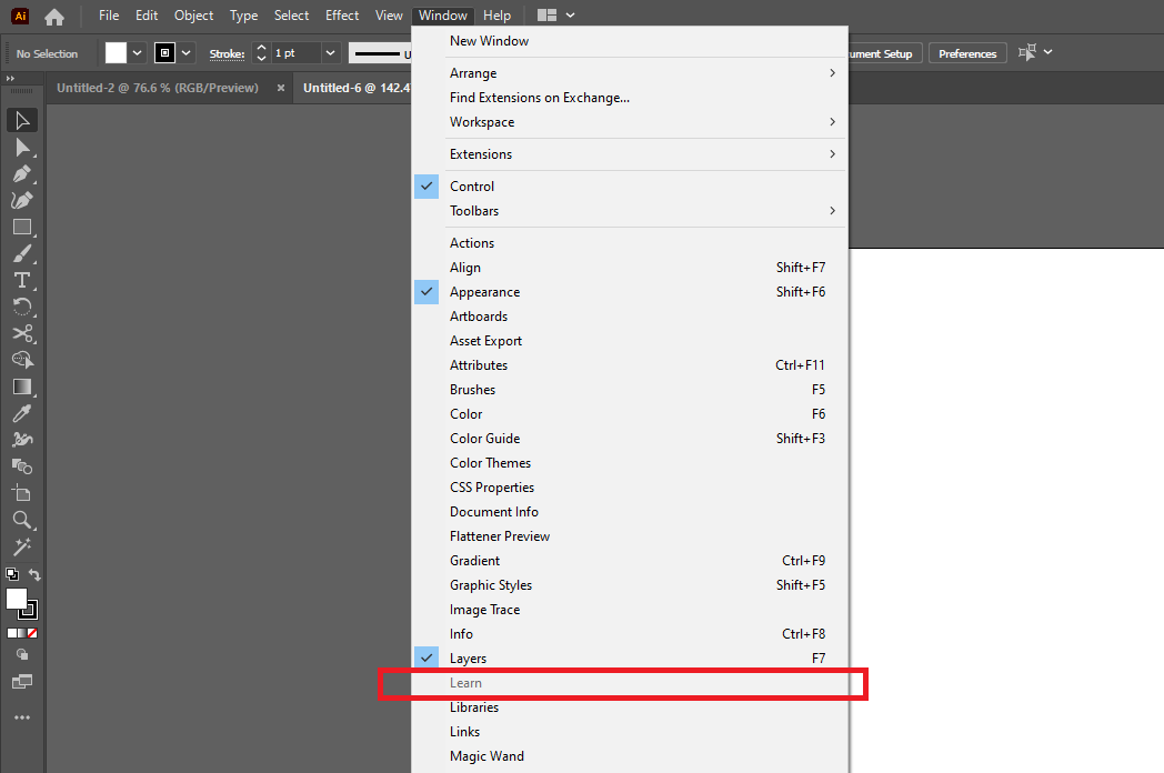 Window->Learn greyed out - Adobe Community - 12359739