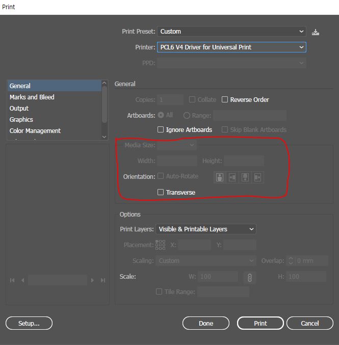 Solved When i printed that custom size grayed out in Medi... Adobe