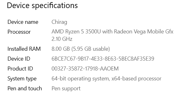 Cpu type amd ryzen 5 online 3500u with radeon vega mobile gfx