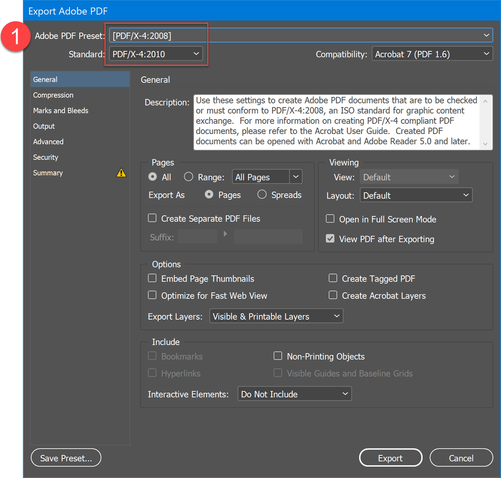 Select the PDF/X-4 printing standard.