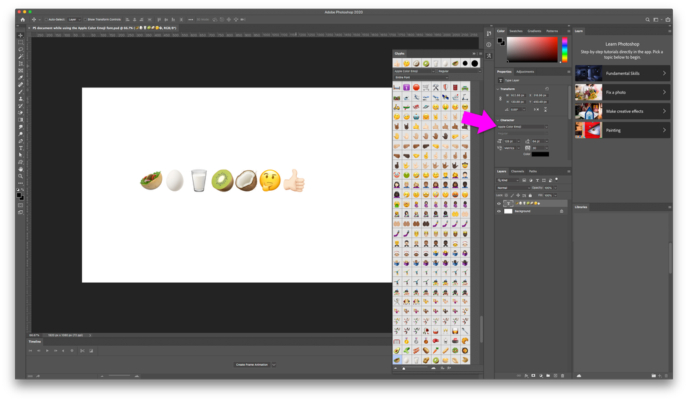 Photoshop document shown while using Apple Color Emoji font.