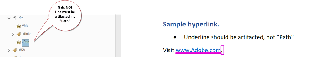 Shown in Acrobat, hyperlink underlines must be artifacted.