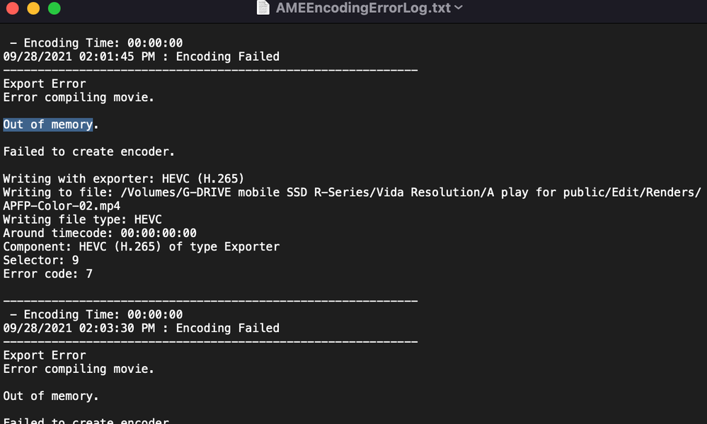 AME Encoding Error Log.txt Out of memory - Adobe Community - 12429020