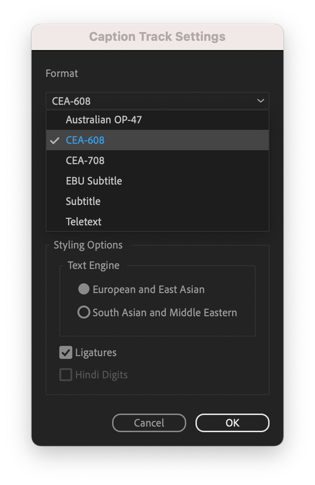 Format pop-up menu in Captions Track Settings dialog box set to CEA-608.