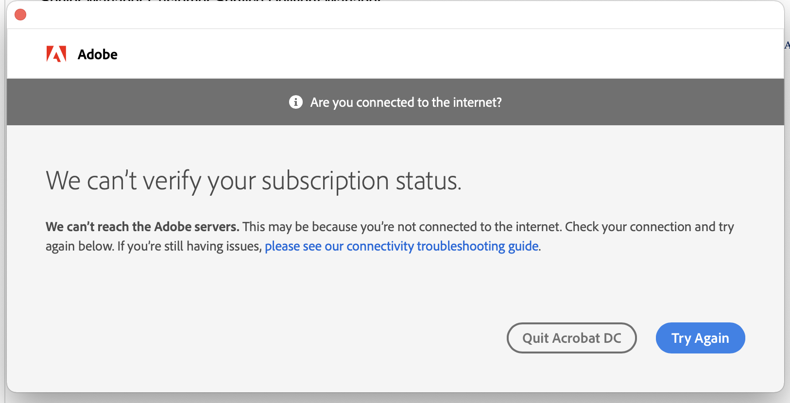 We Can't Verify Your Subscription Status - Adobe Community - 12514342