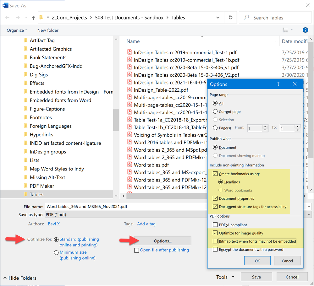 Accessibility settings with MS export utility.