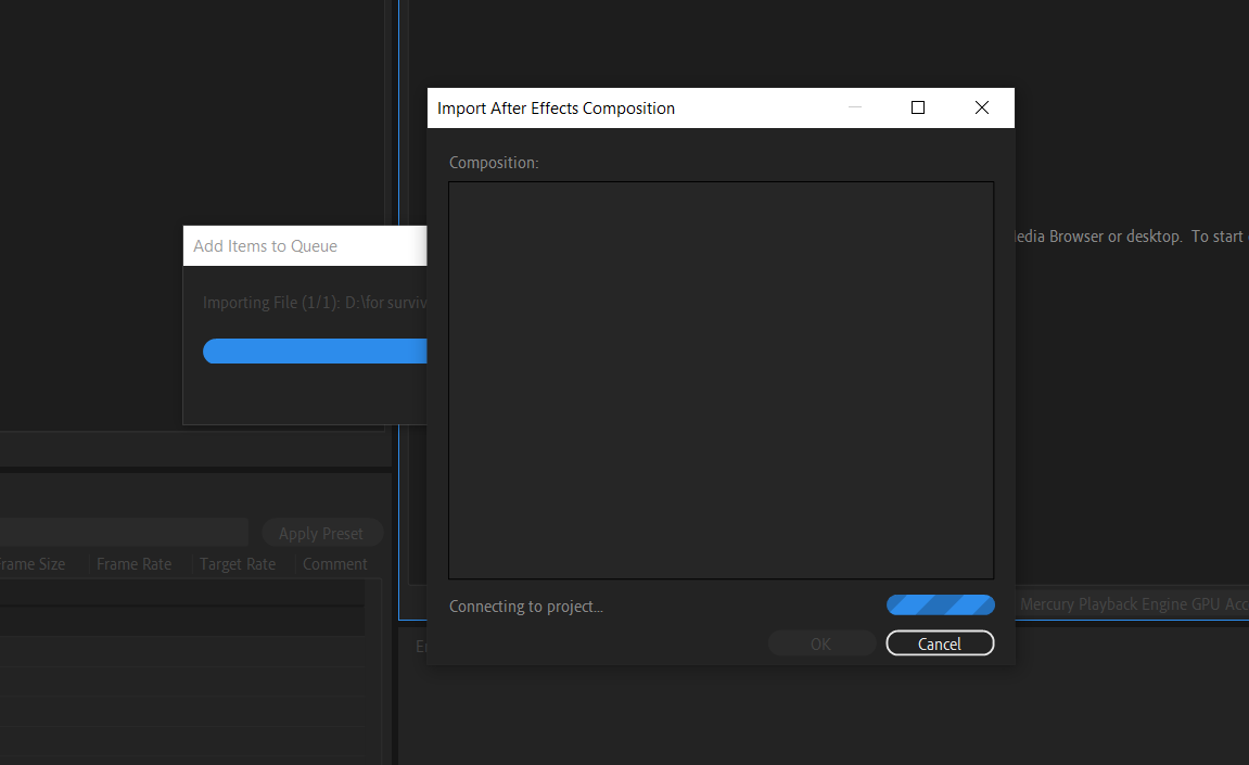 after effects failed to connect to adobe media encoder