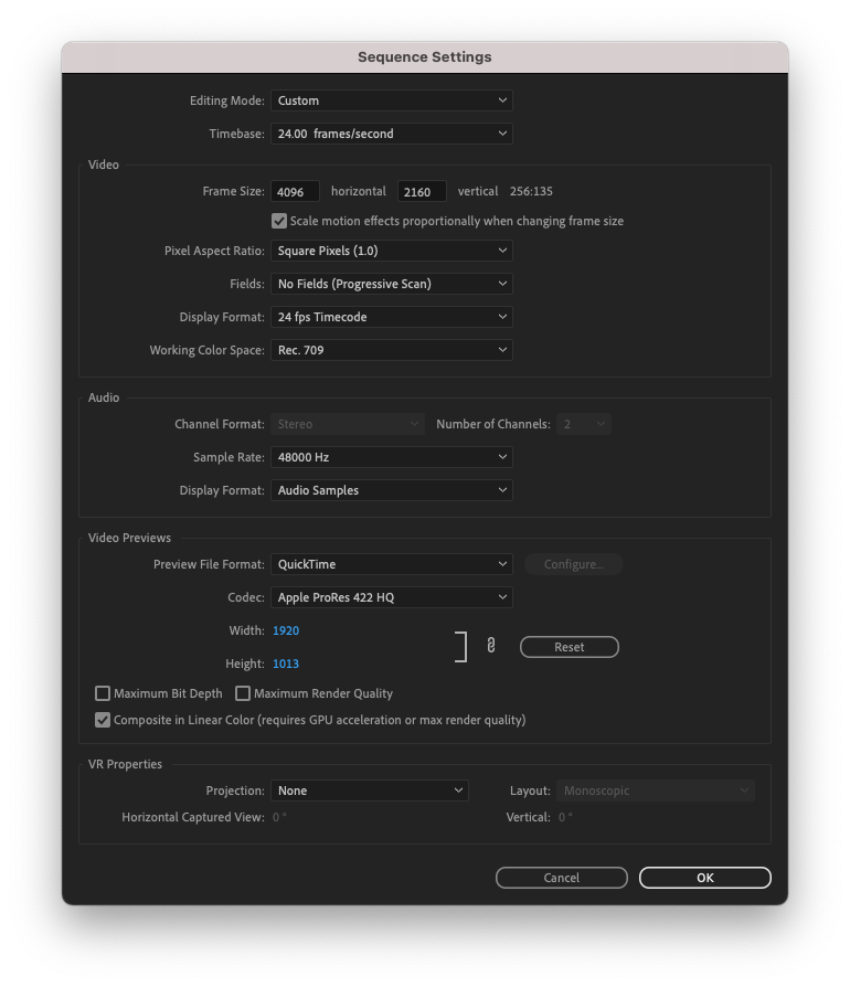 Premiere Pro Custom Sequence Settings - QuickTime, Apple ProRes 422 HQ