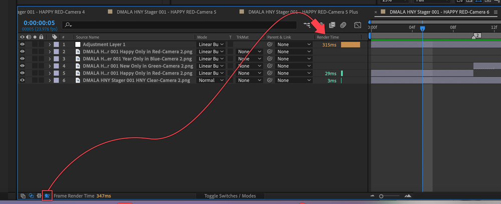 After Effects show/hide Render Time pane switch in the Timeline Panel