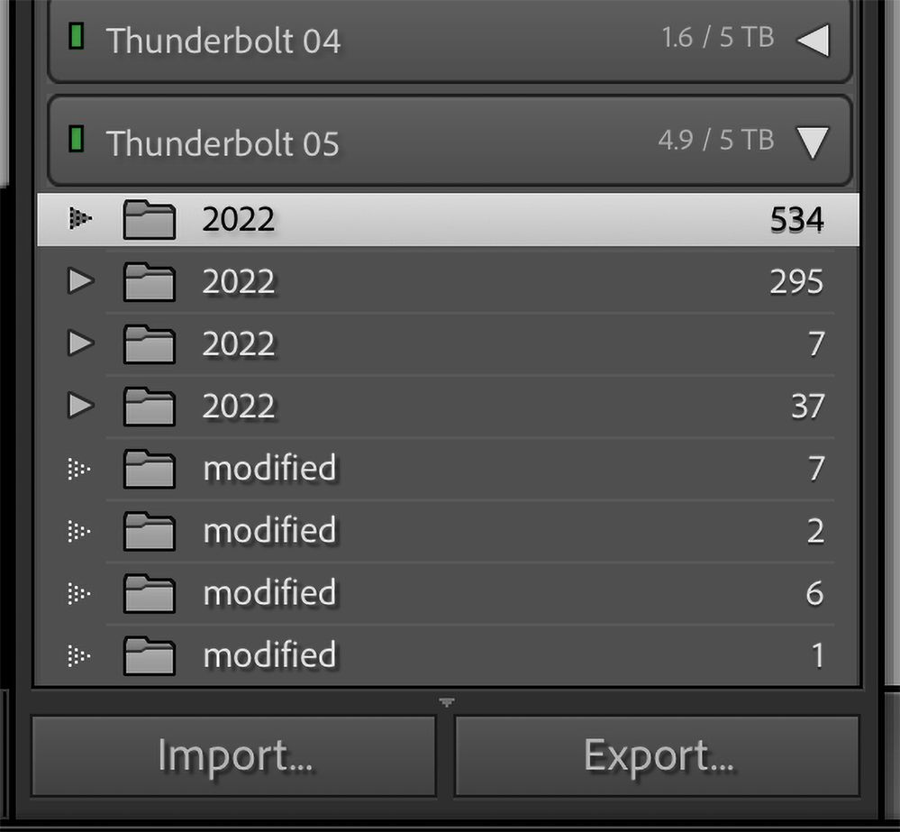 This is wrong. The drive is correct 05, but the contents keep showing folder 2022 over and over again with each import with 'modified' folders outside of where they physically are located within each days shoot.