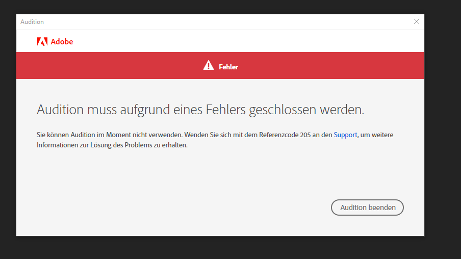 adobe audition error code 205