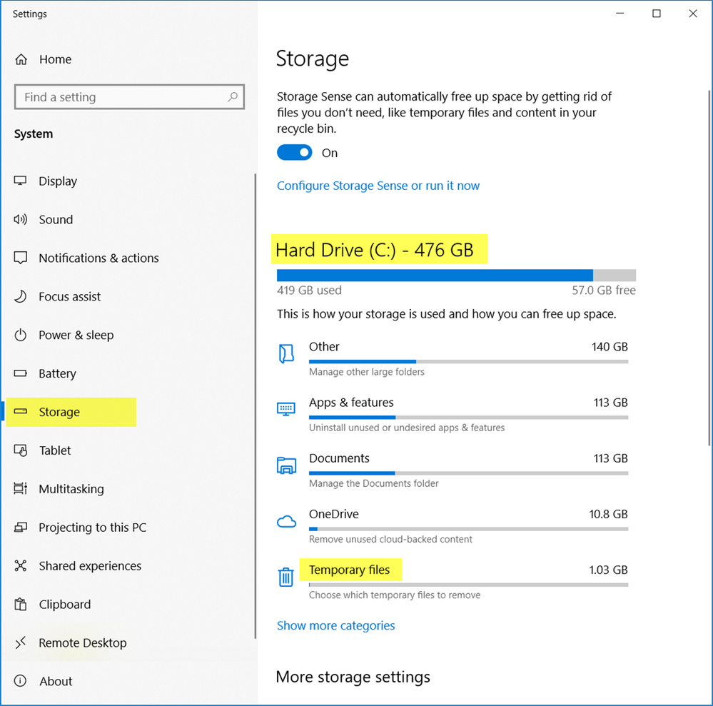 Available storage space on the drive. You can delete the Temporary Files.