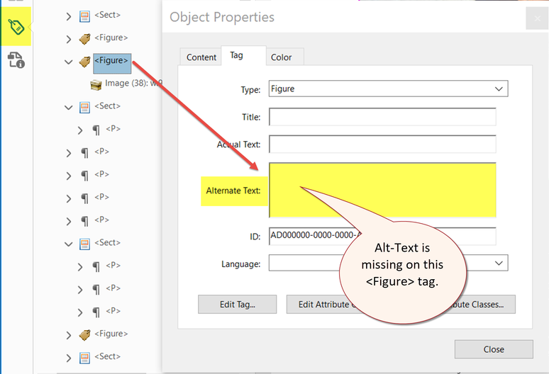 Check <Figure>'s Alt-Text in its Properties.