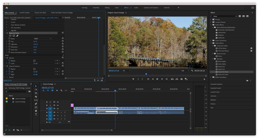 Premiere Pro Sequence with the Noise HLS Audio Effect applied to the second clip in the Sequence.