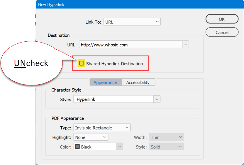 UNcheck Shared Hyperlink Destination to prevent problems in PDF.