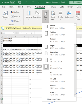 Excel Size Settings