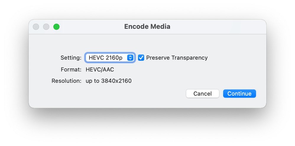 macOS Finder Encode Media dialog box with HEVC 2160p selected and Preserve Transparency enabled