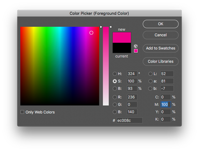 PS Color Picker showing Magenta with the Saturation check box selected
