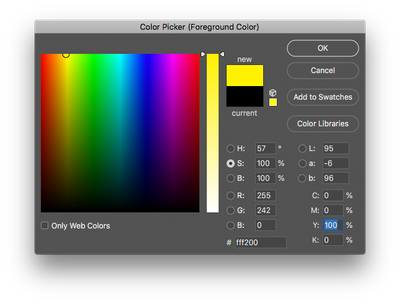 PS Color Picker showing Yellow with the Saturation check box selected