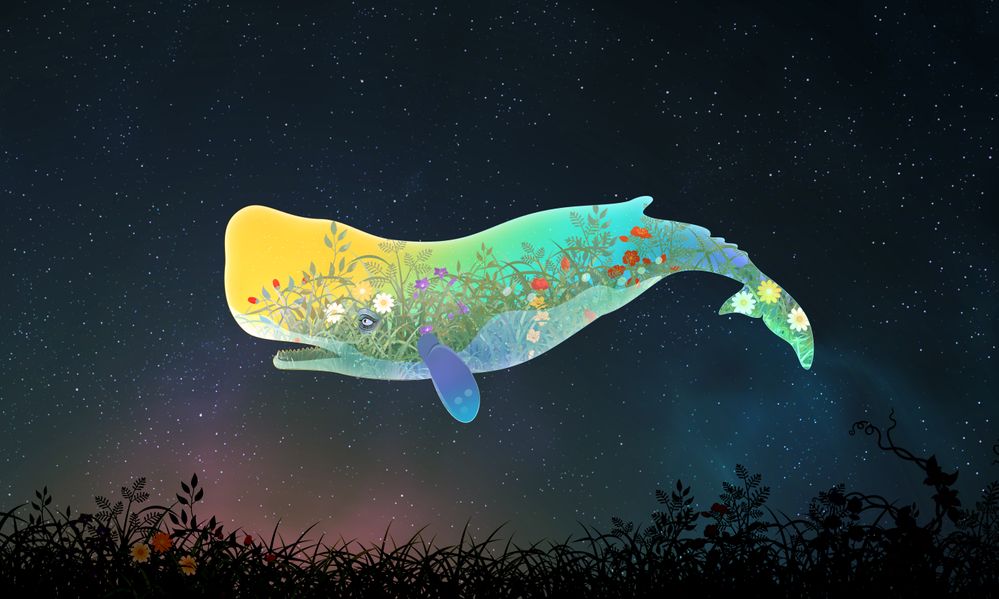 Sperm whale vector illustration night sky background flower field 향유고래 일러스트.jpg