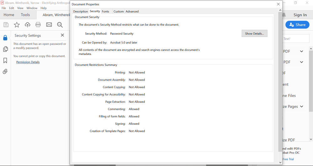 Security settings, from Windows app