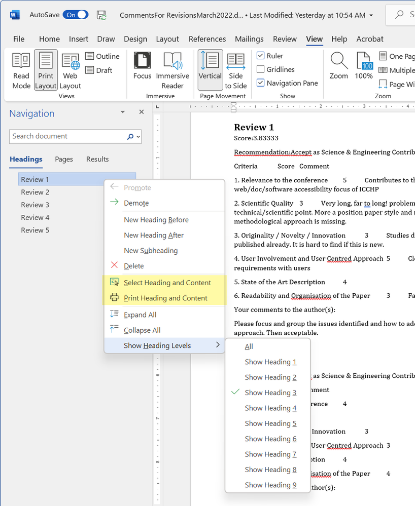 Sample of tools available in Word's Navigation Pane.